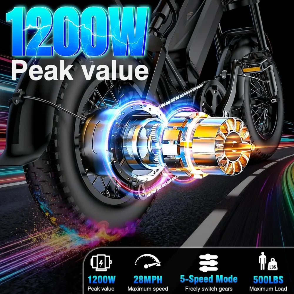 Electric Bike for Adults, 1200W Peak Power Ebike, 28MPH, 48V 18Ah Removable Battery, 35-Mile Range, 500LBS Load Fat Tire e-Bike