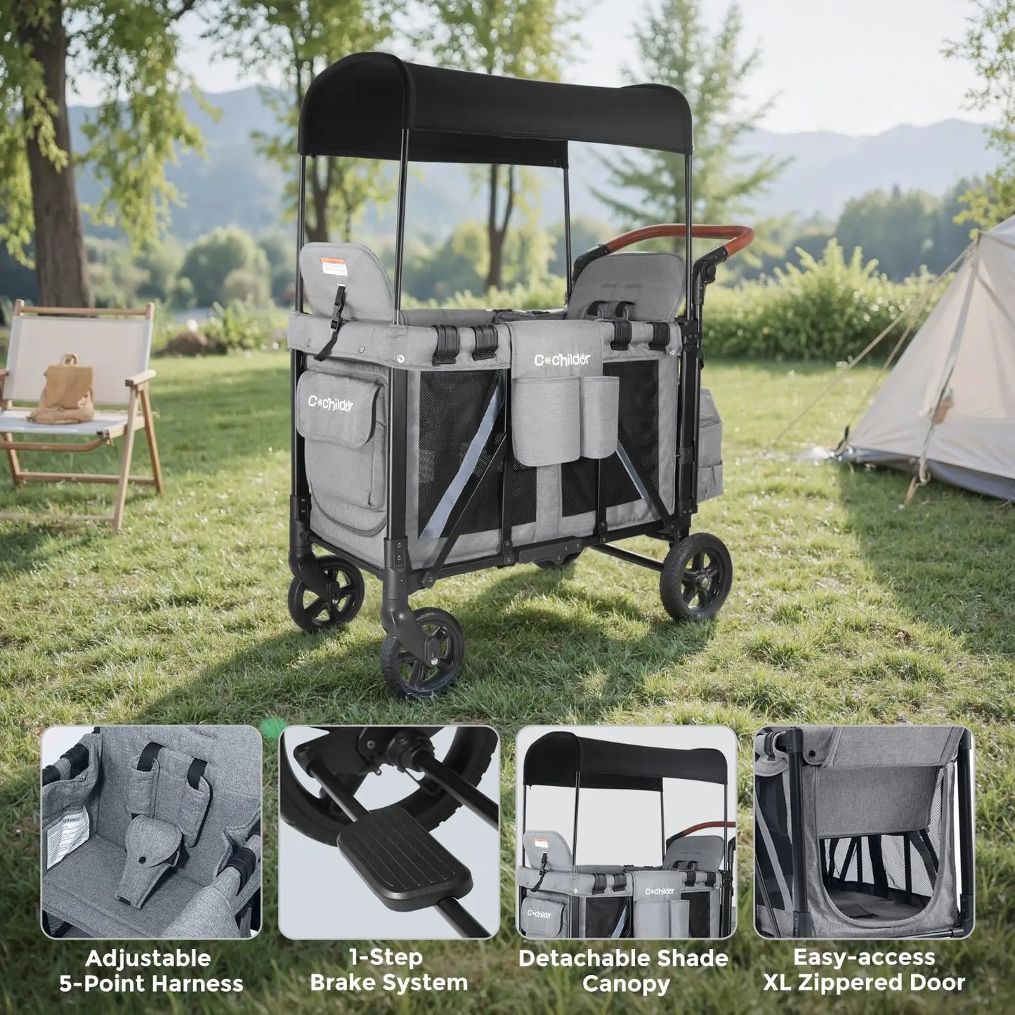 Baby stroller suitable for 2 children, foldable outdoor camping vehicle, shock-absorbing newborn stroller
