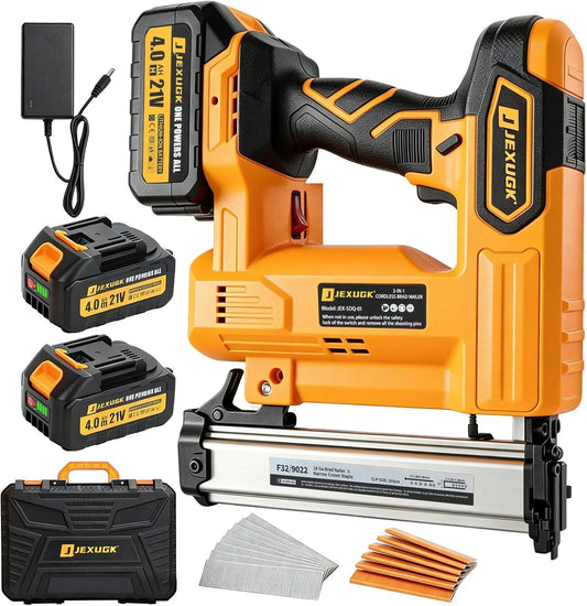 Battery Powered 18GA 2-in-1 Brad Nailer and Stapler, Cordless Finish Nail Gun with 2 x 4.0Ah Batteries, 1000 Brad Nails and 1000 Staples Included, Electric Nailer for Woodworking and Home Improvement