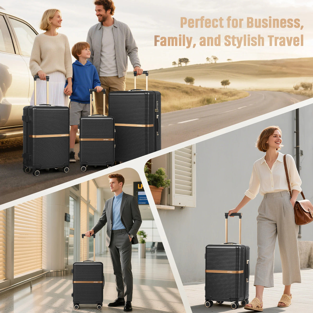 3-Piece Black Luggage Set, Sturdy Durable Travel Suitcase with Cup Holder, TSA Lock and Spinner Wheels