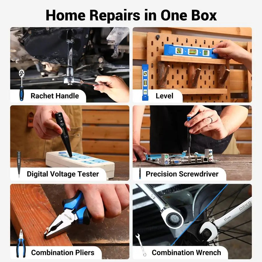 Set Tool Kit with 12V Cordless Drill, Hand Toolbox with storage case, Mechanic Tool set for Home Repairs, Blue