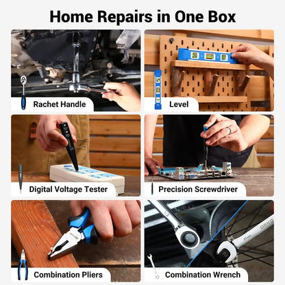 Set Tool Kit with 12V Cordless Drill, Hand Toolbox with storage case, Mechanic Tool set for Home Repairs, Blue