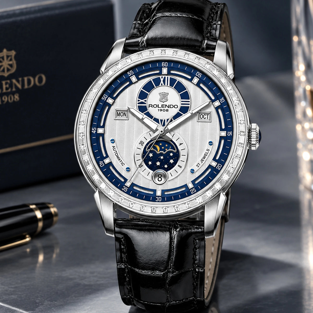 ROLENDO High-end Diamond-set Automatic Watch for Men 43mm Mineral Crystal Luminous Full Calendar Leather Strap 5ATM Luxury Gift