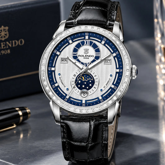 ROLENDO High-end Diamond-set Automatic Watch for Men 43mm Mineral Crystal Luminous Full Calendar Leather Strap 5ATM Luxury Gift