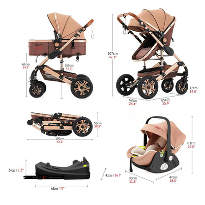 Baby Stroller Combo Car Seat,Baby Travel System with Isofix Base,Baby Carriage 3in1 Reversible Foldable Standard Stroller