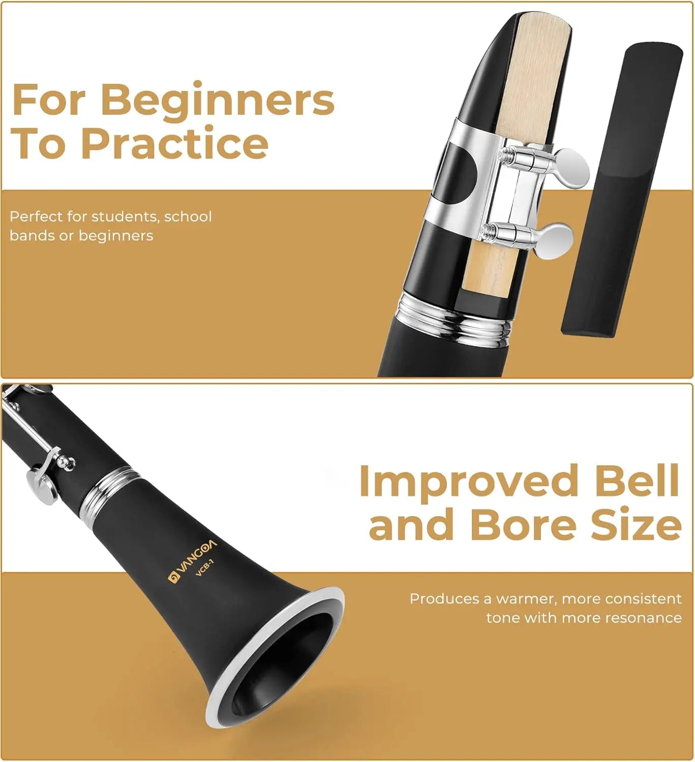 Bb Clarinet for Beginners, Nickel-Plated with Hard Case, Stand, Cleaning Kit & Accessories for School Band