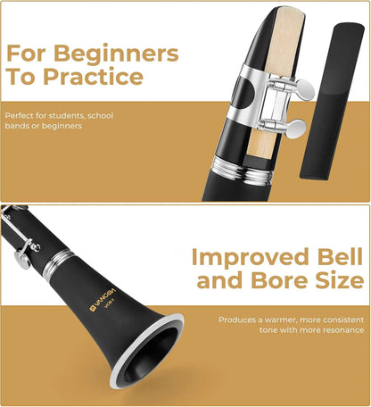 Bb Clarinet for Beginners, Nickel-Plated with Hard Case, Stand, Cleaning Kit & Accessories for School Band