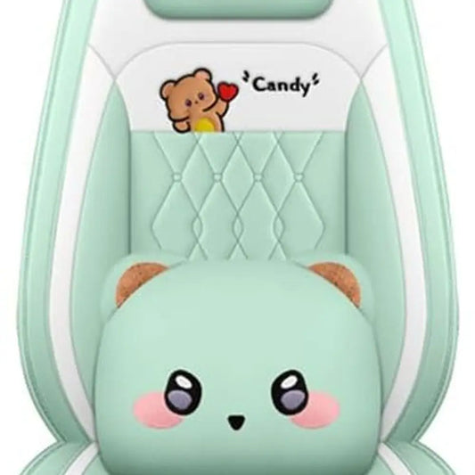 Cartoon Bear car seat Cover 5 Set for Girl Women with PU Leather for Cars SUV Pick-up Truck Universal Fit Set (Green)