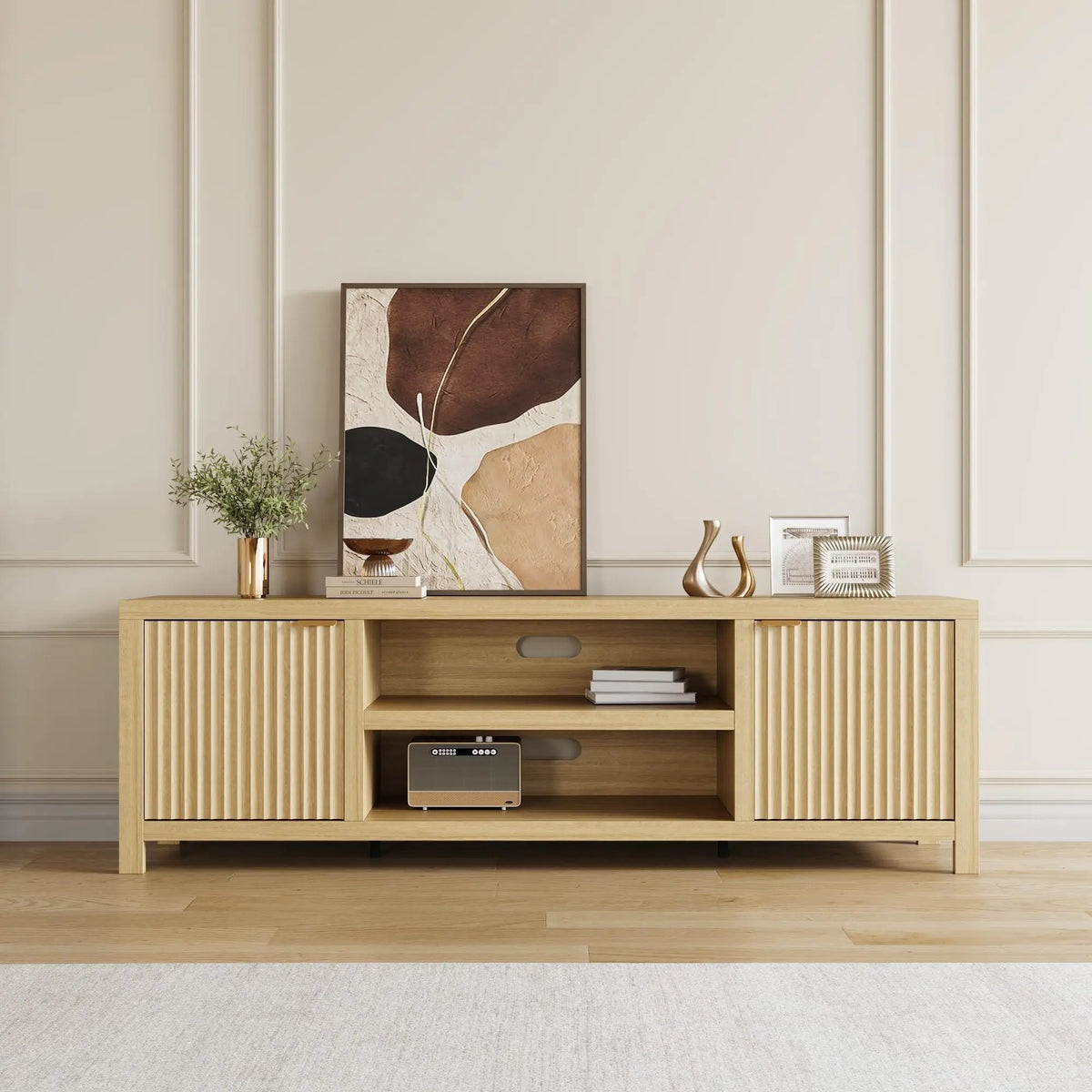Fluted TV Stand for 75+ Inch TV, Modern Entertainment Center with 2-Tier Storage & Adjustable Shelves, Media Console Cabinet with 2 Fluted Doors & Gold Handles for Living Room Bedroom