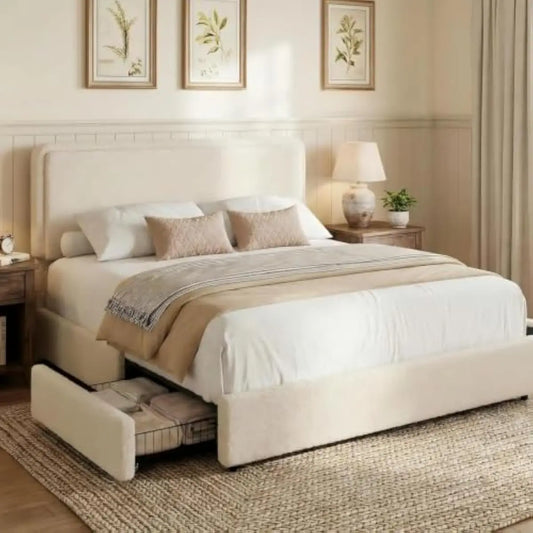 Queen size upholstered platform bed frame in soft teddy fabric with adjustable headboard and dual flexible underbed storage draw