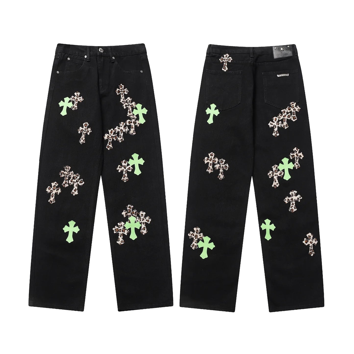 Classic Luxury Brand Men Women Leather Jeans Totem Patch Casual Pants Fashion Metal Embellished Couple Wear 2025