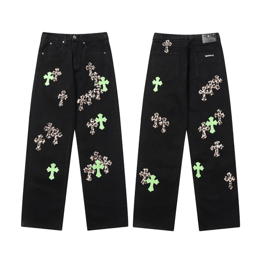 Classic Luxury Brand Men Women Leather Jeans Totem Patch Casual Pants Fashion Metal Embellished Couple Wear 2025