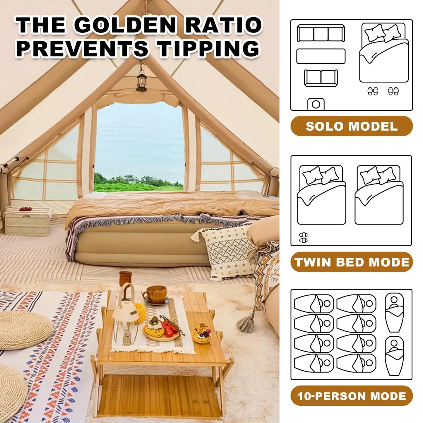 SENLEETO 13'x10' Inflatable Camping Tent with Waterproof  Floor Mat&Firproof Mat,4 Season Glamping Air Tent with Chimney Opening