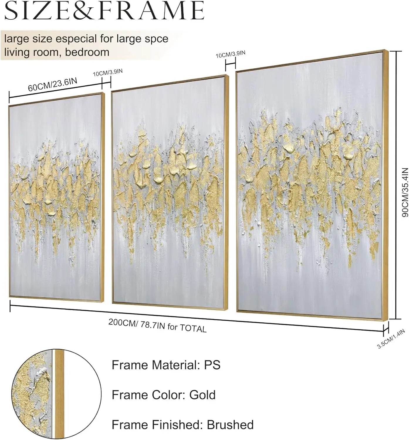 Abstract Gold Wall Art Set of 3 Hand-Painted Canvas Panels for Living Room Bedroom Modern Decor