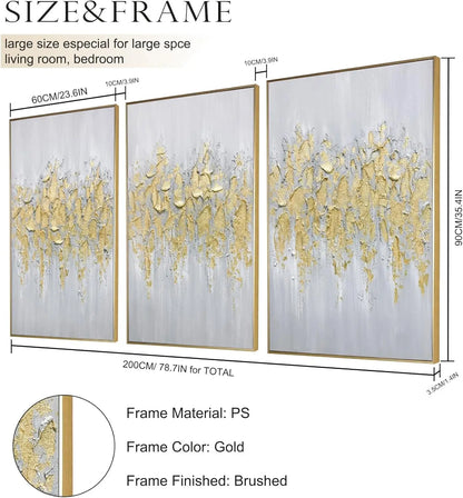 Abstract Gold Wall Art Set of 3 Hand-Painted Canvas Panels for Living Room Bedroom Modern Decor