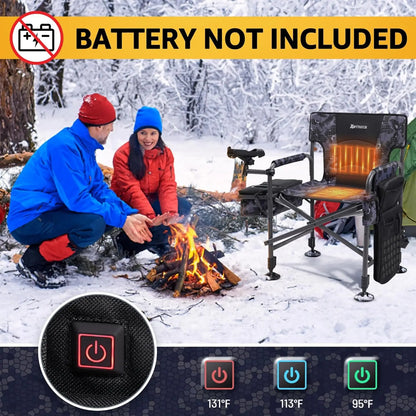 Heated Folding Fishing Chair with Rod Holder, Cooler Bag, Adjustable Feet for Outdoor Camping and Ice Fishing - 350LBS Capacity