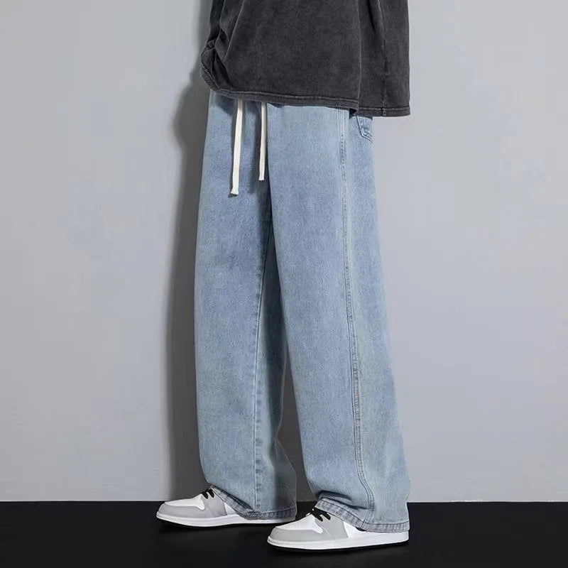 2025 New Korean Men's Casual Long Jeans Classic Man Straight Denim Wide-leg Pants Solid Color Light Blue Grey Black