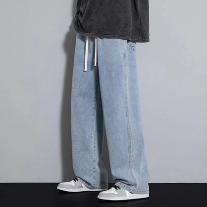2025 New Korean Men's Casual Long Jeans Classic Man Straight Denim Wide-leg Pants Solid Color Light Blue Grey Black