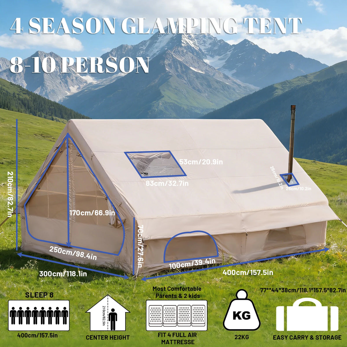 PAKICETUS Luxury Inflatable Glamping Tent 4 Season Anti-Snow Spacious Air Tent with Manual Hand Pump, Easy Setup Polyester Fiber Shelter for Outdoor Camping & Backyard Activities