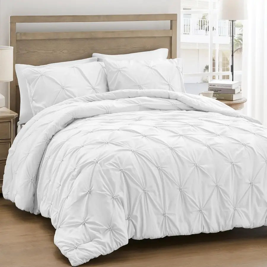 Queen Comforter Set White Ultra Soft Boho Pintuck Down Alternative Bedding Set for Winter, All Seasons, 3 Pieces Lightweight War