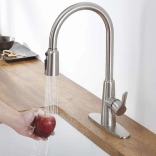 Stainless Steel High Arc Kitchen Faucet  Brushed Nickel Pull Out Sprayer 3 Way Setting Single Handle Leak Proof Sink Fixture