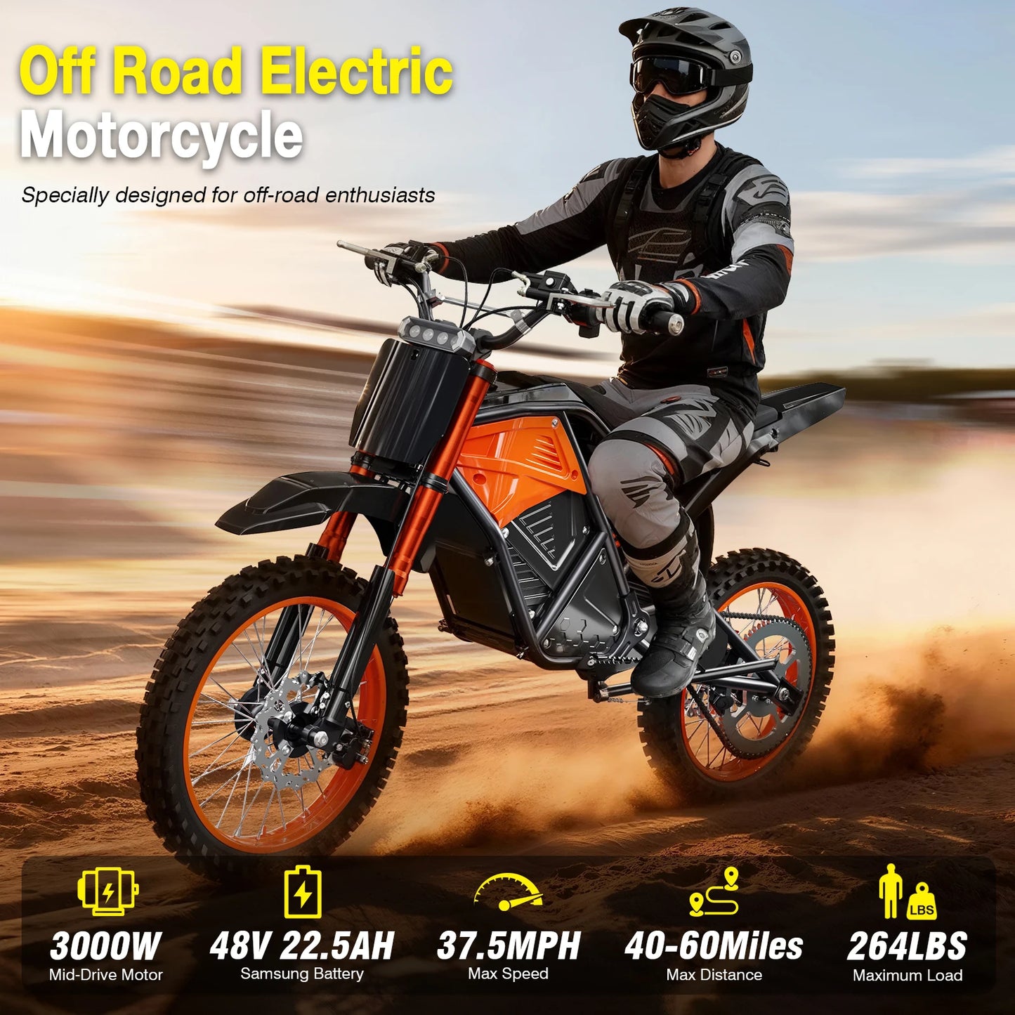 Electric Motorbike for Adult - 3000W Motor, 37.5 MPH,60 Mile Range,14inch Electric Mountain off-road Motorcycle, Electric Bike