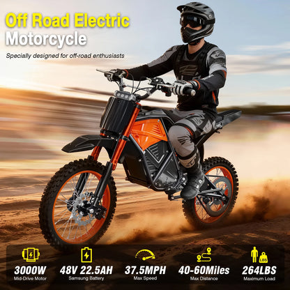 Electric Motorbike for Adult - 3000W Motor, 37.5 MPH,60 Mile Range,14inch Electric Mountain off-road Motorcycle, Electric Bike