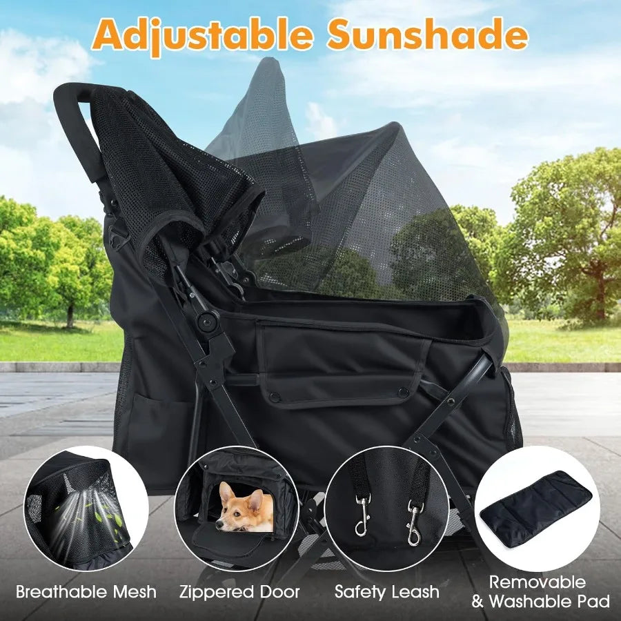 Foldable Double Pet Stroller for 2 Puppies Cats Black 2-Seater Carrier with Adjustable Sunshade Removable Pad Safety Belt Stora