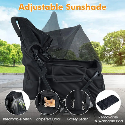Foldable Double Pet Stroller for 2 Puppies Cats Black 2-Seater Carrier with Adjustable Sunshade Removable Pad Safety Belt Stora