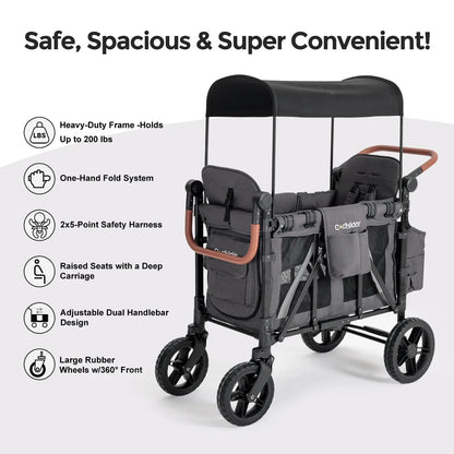 Foldable 2-seater baby stroller, outdoor storage cart, portable camping vehicle, shock-absorbing, detachable sunshade