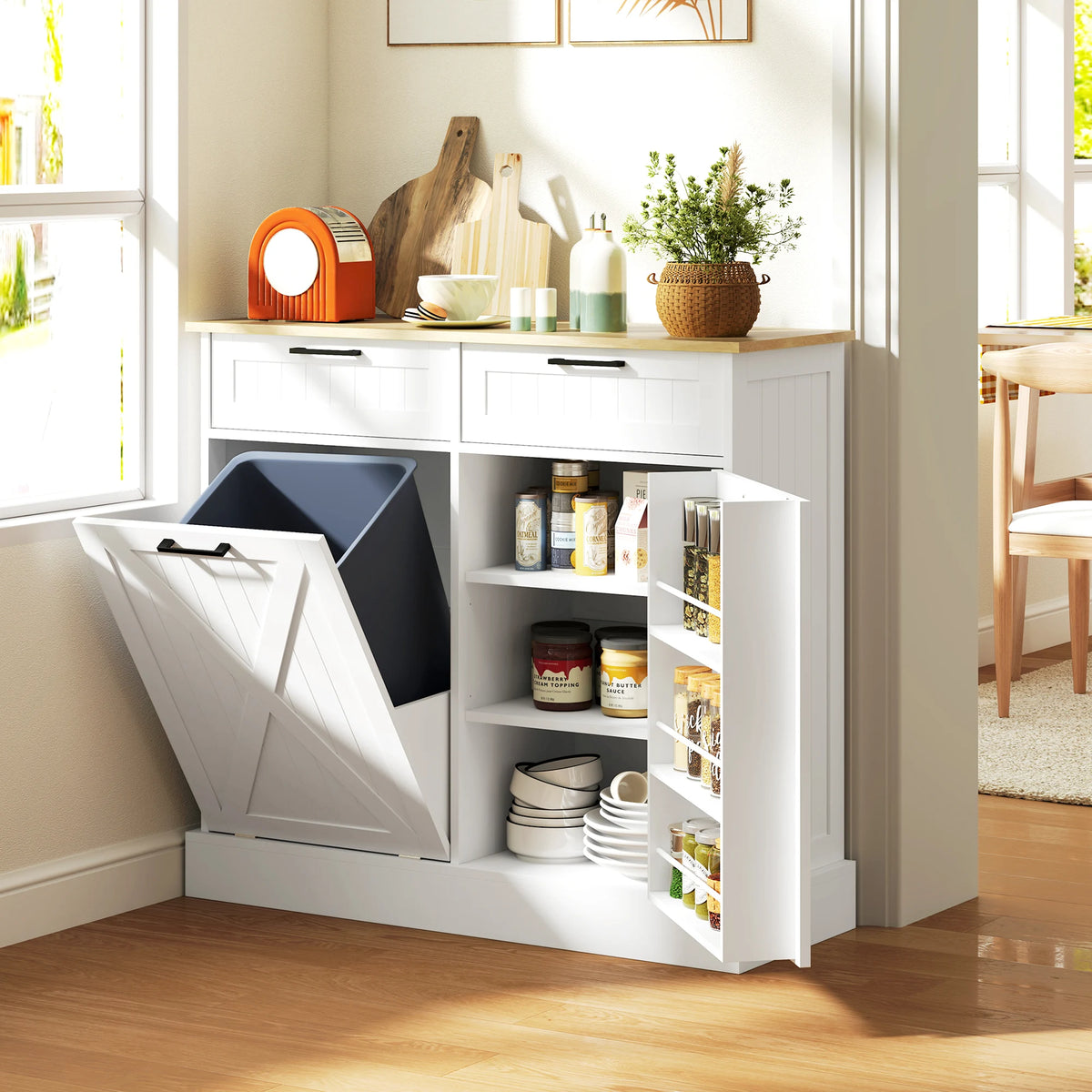 HOMCOM Tilt Out Trash Can Cabinet, 10 Gallon Farmhouse Kitchen Cabinet with Hidden Trash Can and 2 Drawers for Laundry Room, Pantry, Kitchen, White
