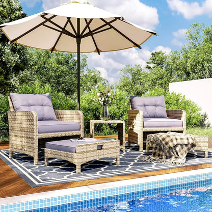 5 Pieces Patio Furniture Set, Rattan Balcony Furniture with Ottomans, PE Wicker Outdoor Patio Chairs Set with Coffee Table for