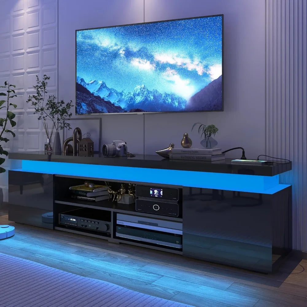 Modern 85 Inch LED TV Stand with Built-in Power Outlet and High Gloss Entertainment Center Featuring Storage and LED Lighting