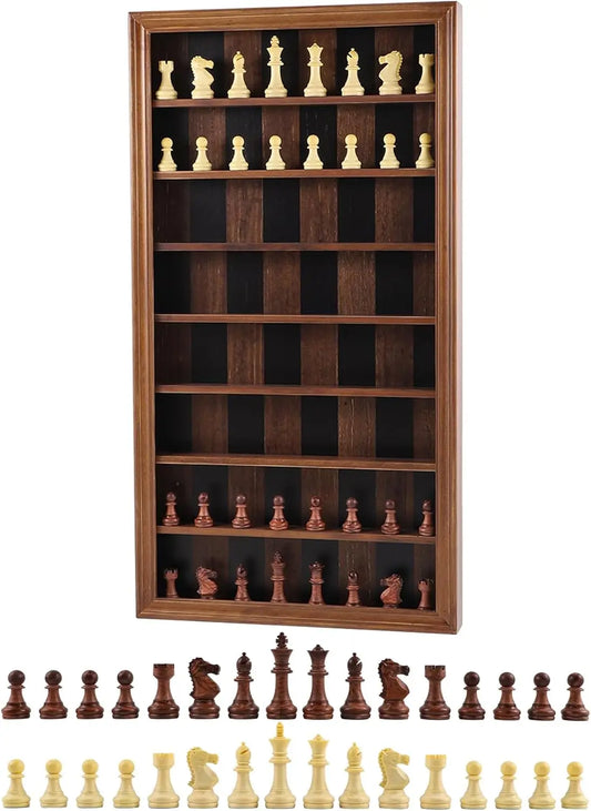 Giant Wall-Mounted Wooden Chess Game Set with Carved Pieces, Vertical Display Cabinet, Burnt Color Home Decor