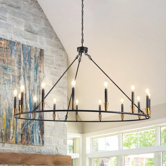 15-Lights Wagon Wheel Chandelier Black Chandelier Modern Farmhouse Chandelier Extra Large Chandelier Restaurant Living Room Foyer Chandelier Entryway Chandelier Candelabra Chandelier