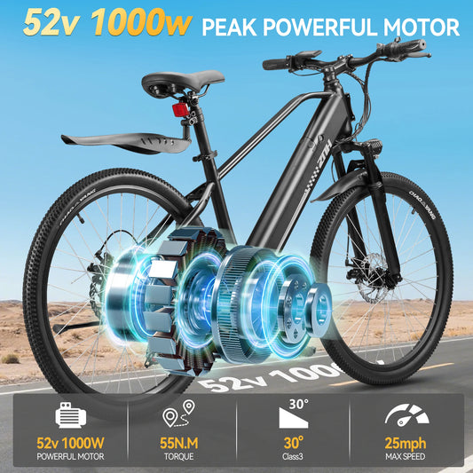 ZNH Electric Bicycle 1000W Peak ,48V Battery Electric Bike,20MPH,7-Speed,26"Tire E-bike for Adult,UL 2849