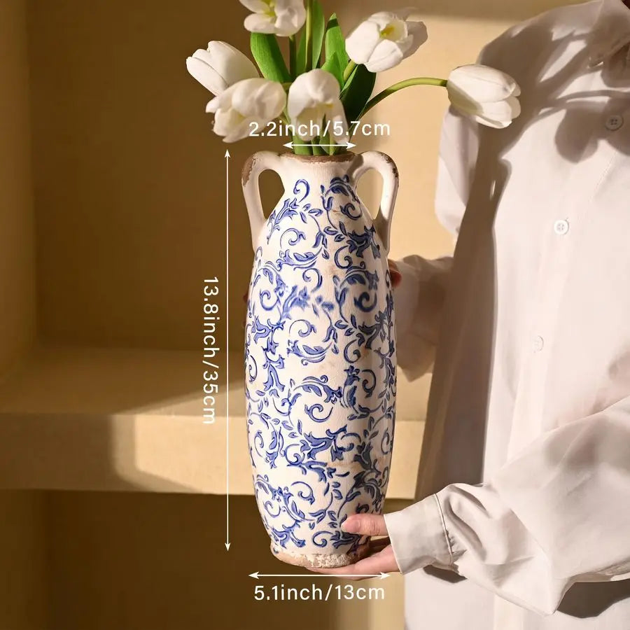 Blue and White Floor Vase for Pampas Grass, 14 Tall Vase for Home Decor, Ceramic Farmhouse Decorative Large Vases for Flower, Ma