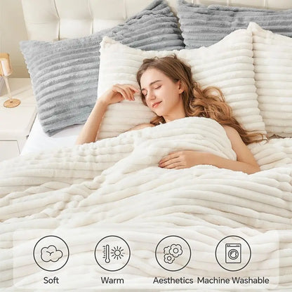 Fleece Queen Comforter Set Super Soft amp Warm Fluffy Cream White Bedding, Luxury Fuzzy Heavy Bed Set for Winter with 2 Pillow C