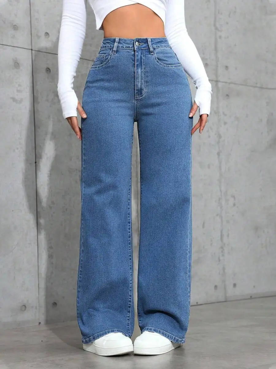 High Waist Wide Leg Washed Denim Jeans for Women - Casual Streetwear Style