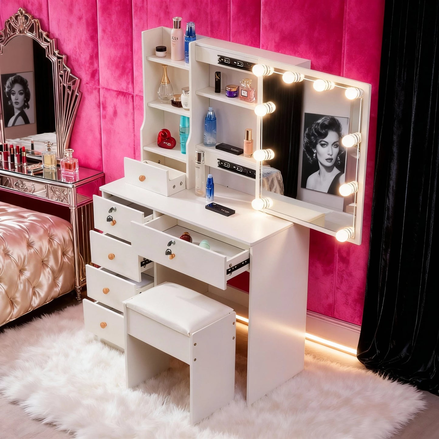 Dressing Table w/ LED Mirror & 6 Drawers White Vanity Dressing Table Stool Set