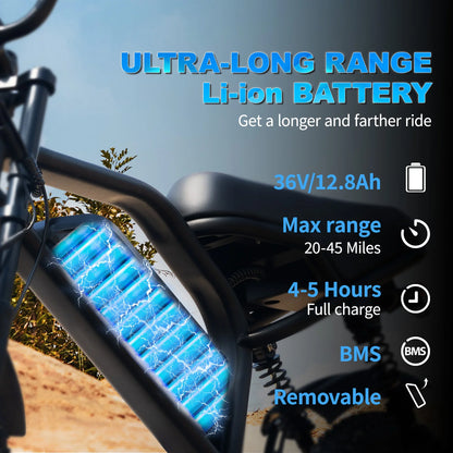 VDL Mountain Electric Bike , 16" Fat Tire Ebike, Wider Seat 800W Peak Motor, Removable Battery, Front Fork Suspension