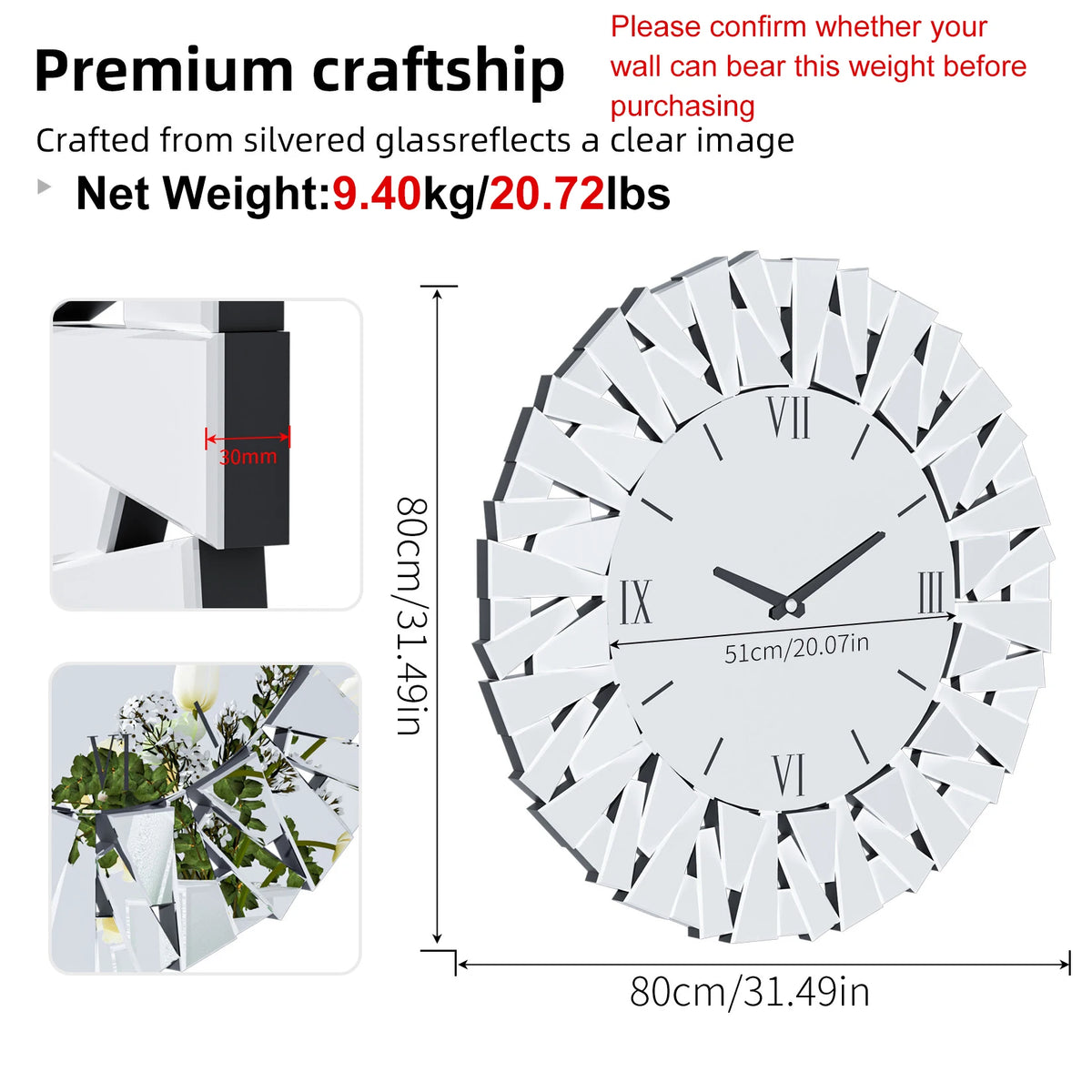 80cm Large Round Mirrored Wall Clock 3D Beveled Glass Edge Fireplace Living Room Fireplaces Decor
