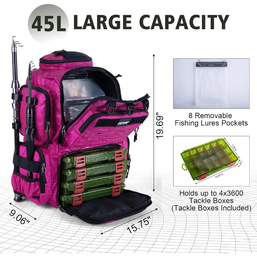 Goture Fishing Backpack with 4 Tackle Boxes 900D WaterResistant Tackle Backpack with Rod Holders 45L Large Fishing Bag Storage