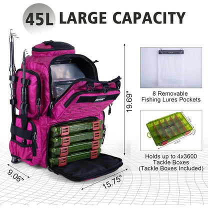 Goture Fishing Backpack with 4 Tackle Boxes 900D WaterResistant Tackle Backpack with Rod Holders 45L Large Fishing Bag Storage