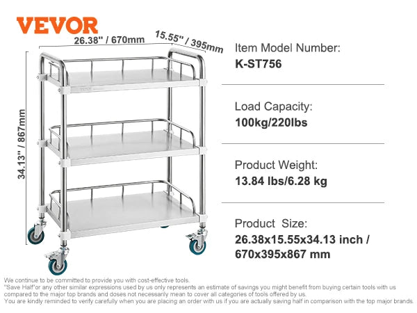 VEVOR Lab Trolley 3-Layer Rolling Cart Metal Mobile Trolley  220 lbs Weight Capacity for Lab Clinic Beauty and Salon