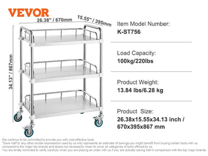 VEVOR Lab Trolley 3-Layer Rolling Cart Metal Mobile Trolley  220 lbs Weight Capacity for Lab Clinic Beauty and Salon