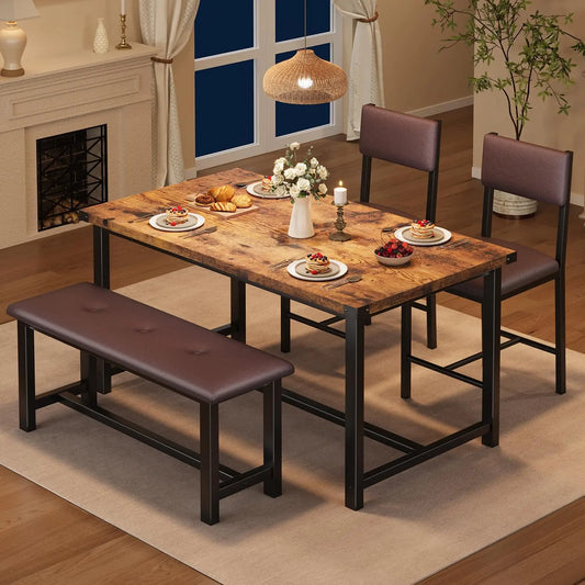 Dining Table Set for 4 – Wood Kitchen Table with 2 Upholstered Chairs & Bench, Compact Design for Small Spaces & Apartments, Retro Brown
