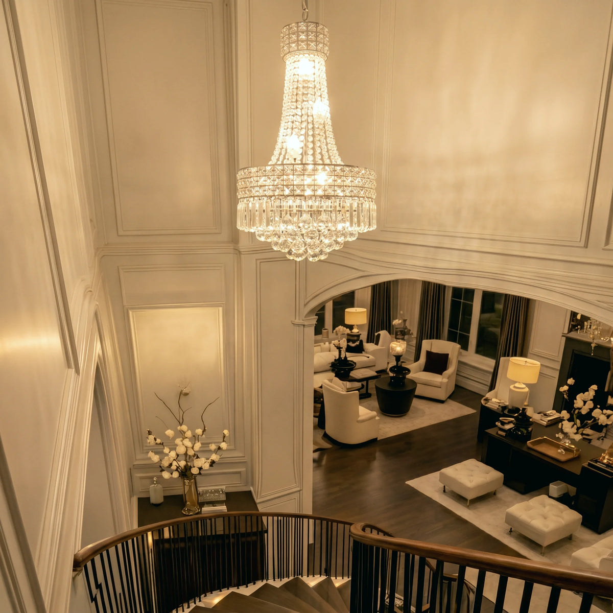 Modern Chrome Silver Crystal Chandelier, Round Dimmable Dining Table Crystal Chandelier for Bedroom/Hallway/Hall