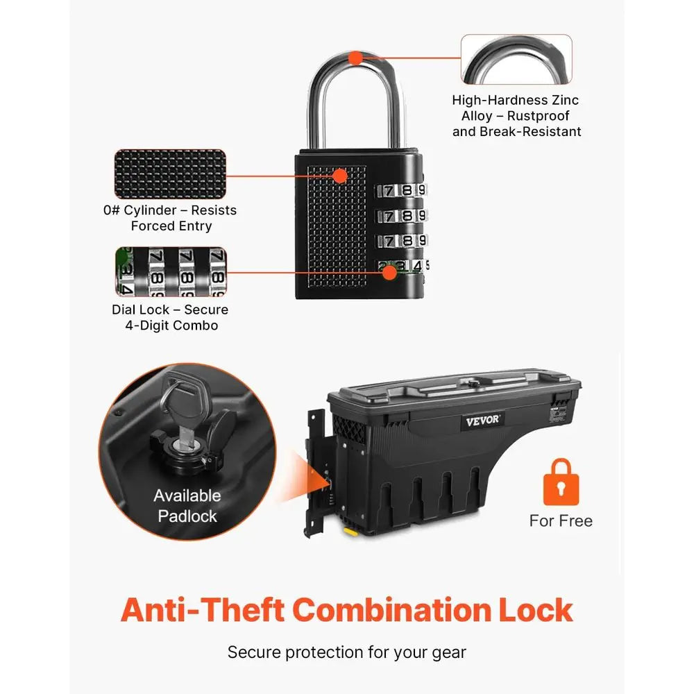 Bed Storage Box, Lockable Swing Case with Password Padlock, 6.6 Gal/25 L ABS Wheel Well Tool Box, Waterproof and Durable, Compat