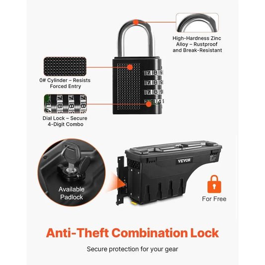 Bed Storage Box, Lockable Swing Case with Password Padlock, 6.6 Gal/25 L ABS Wheel Well Tool Box, Waterproof and Durable, Compat